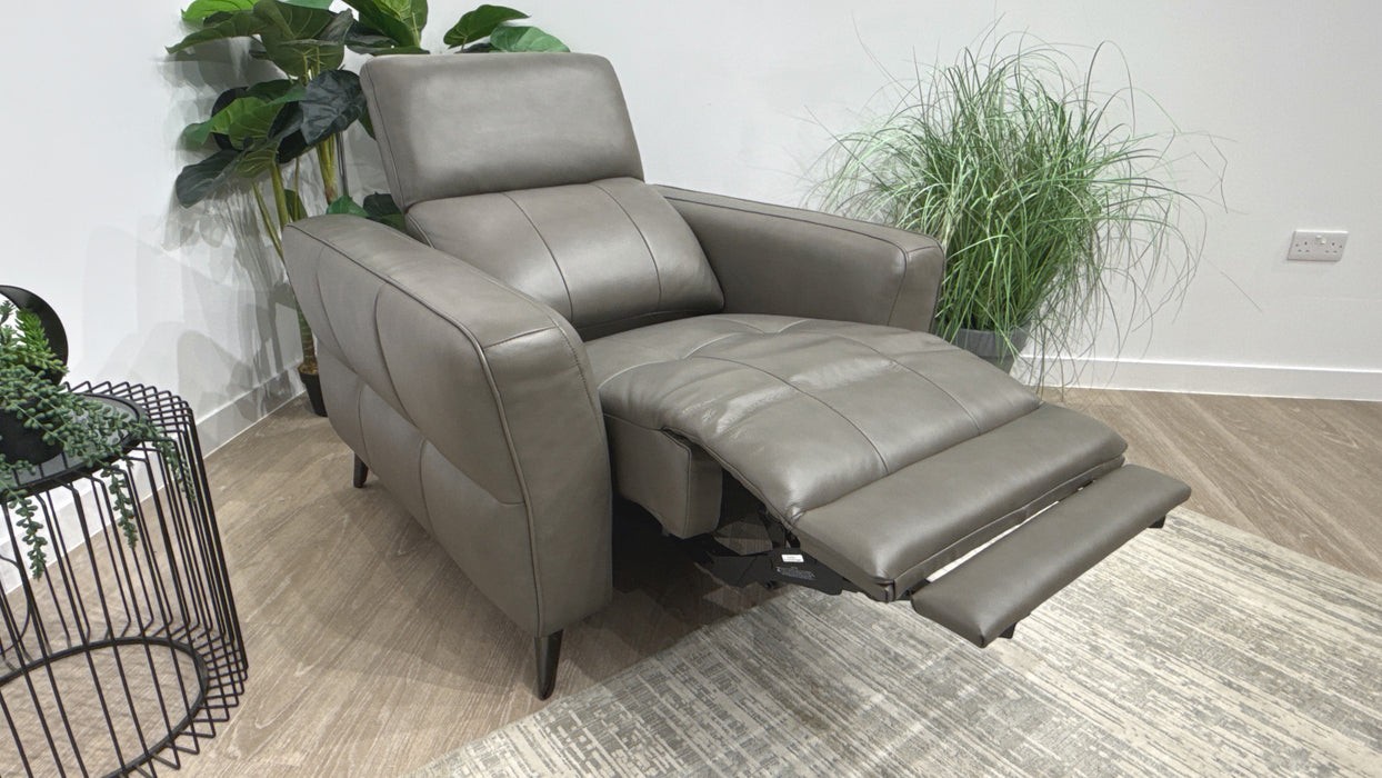 Sofology Jax Leather Chair Power Recliner/Headrest Lumbar Support in Trusty Embossed Grey