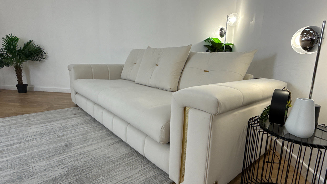 Sofology The Oscar Fabric 4 Seater Gold Trim in Super Matt Velvet Ecru Mix