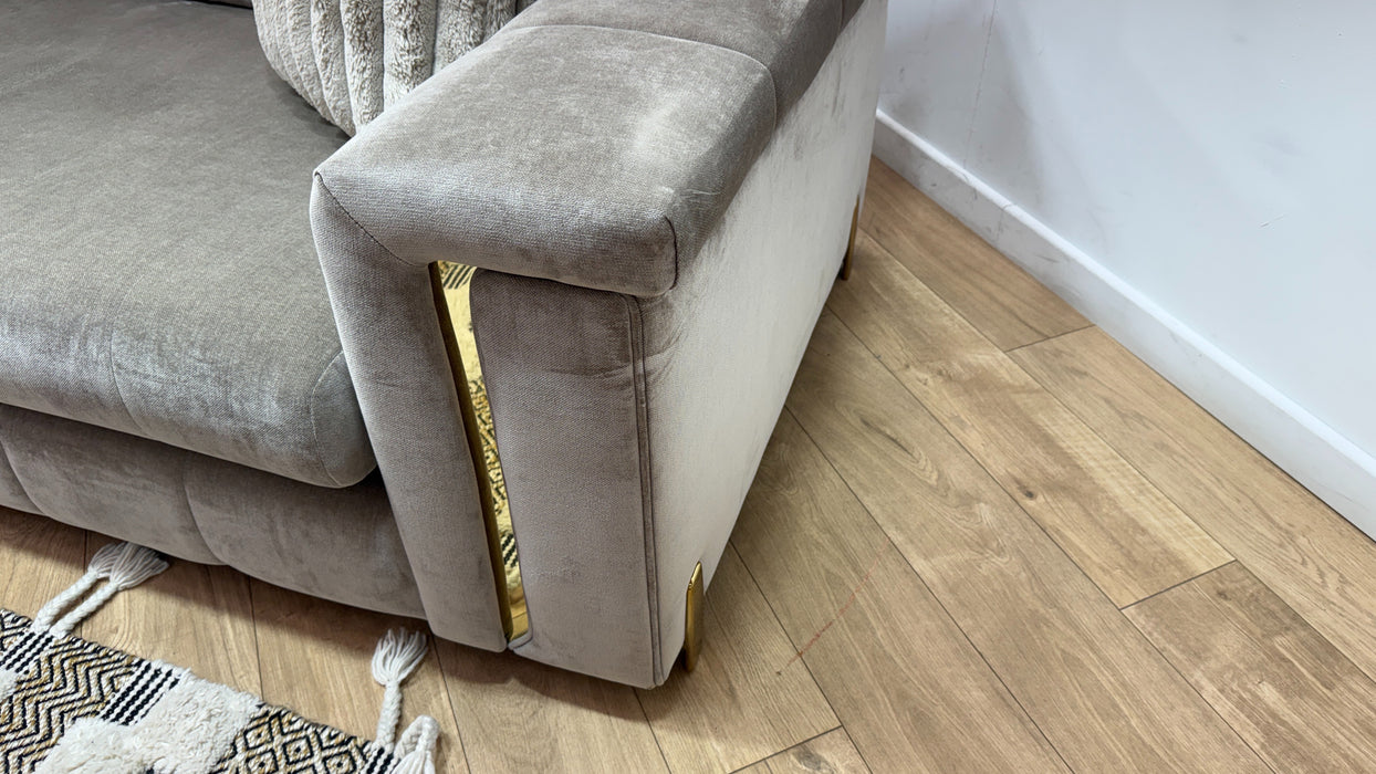 Sofology Oscar Fabric 4 Seater Gold Trim in Fine Textured Chenille Stone Mix