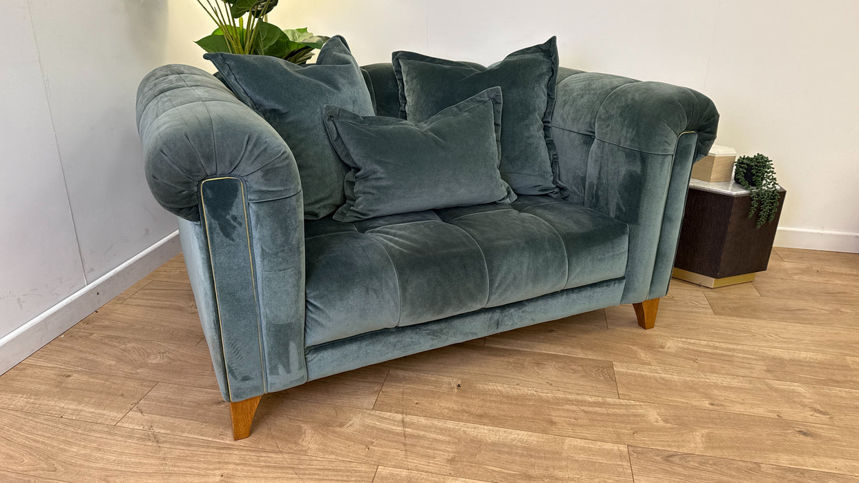 Sofology Midsummer Fabric Loveseat Gold Trim in Day Teal Mix