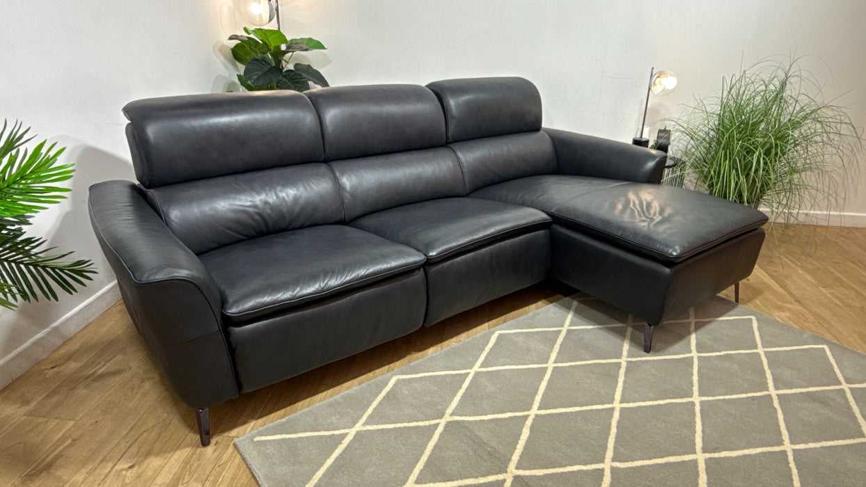 Sofology The Viento 3 Seater Leather Chaise, Power Recliner, HDRST,Lumber & Heated St in Navy