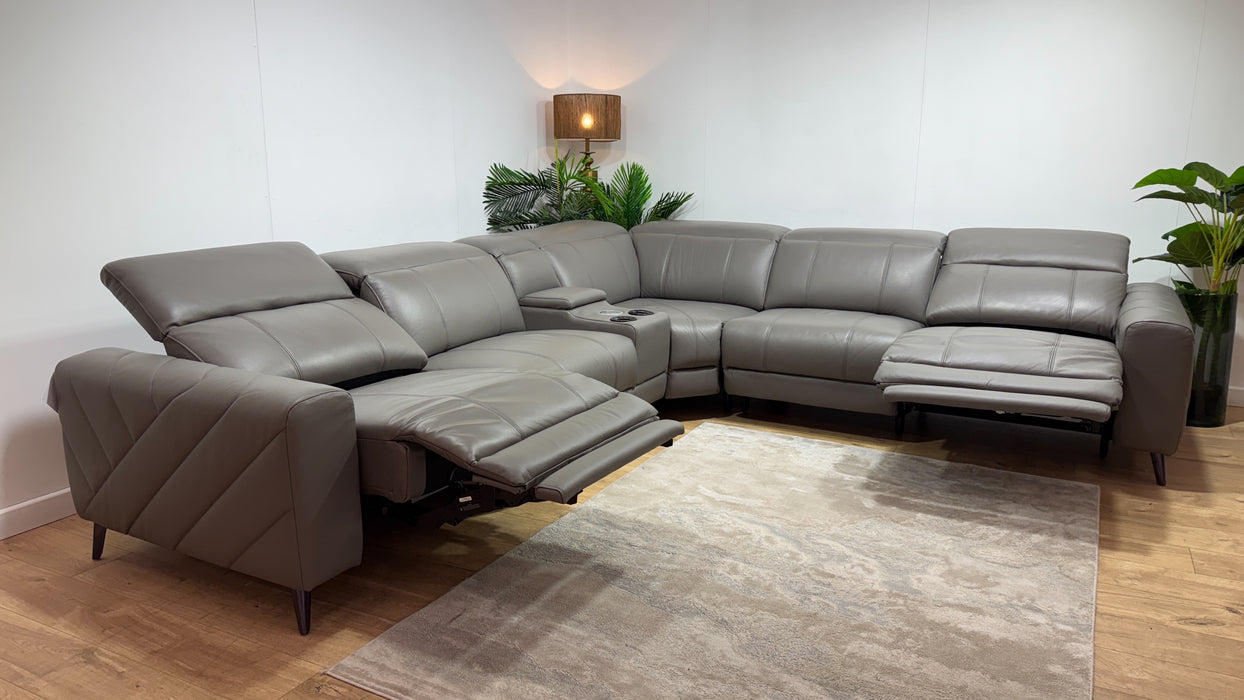 Sofology Allure Leather 3 Corner 3 Smart Console Power Recliner/Headrest Heated Seats Lumbar Support Speakers Trusty Embossed Elephant