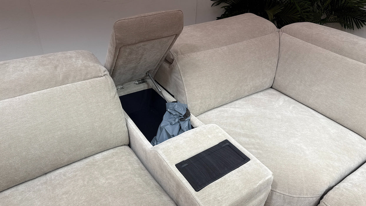 Sofology Horizon Fabric 1.5 Smart Console Corner 3 Power Recliner/Headrest Heated Seats in Textured Chenille Stone