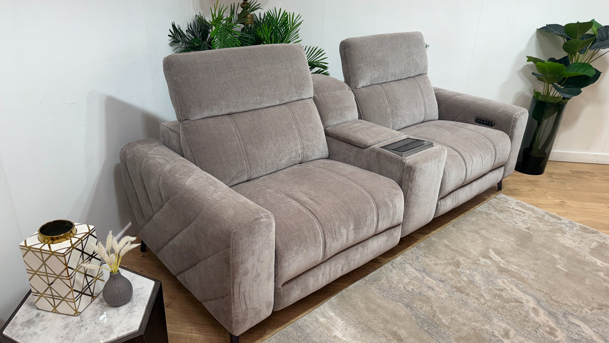 Sofology Allure Fabric 2.5 Seater Screen Console Power Recliner/Headrest Heated Seats Lumbar Speakers in Relaxed Chenille Nutmeg