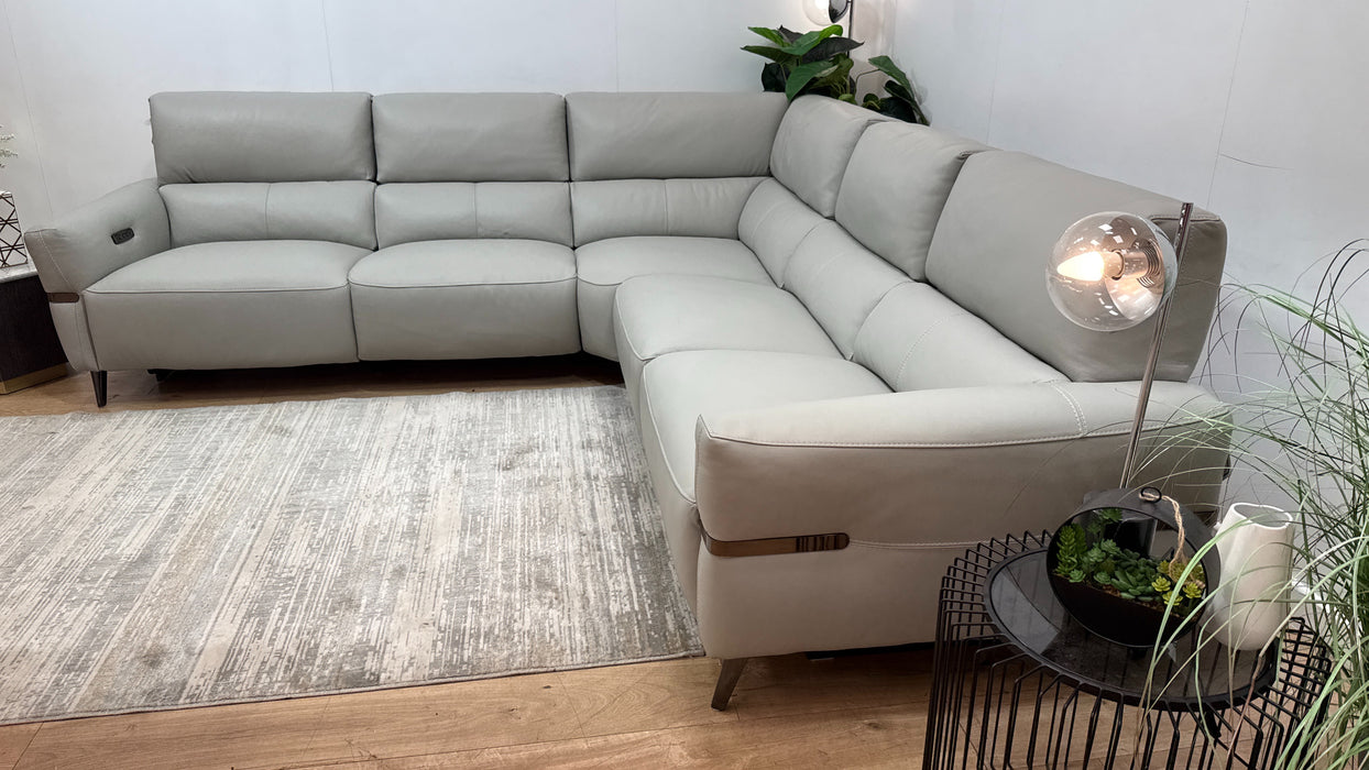 Sofology Arlington Leather 2 Corner 2 Power Recliner/Headrest Lumbar in Trusty Matt Light Grey