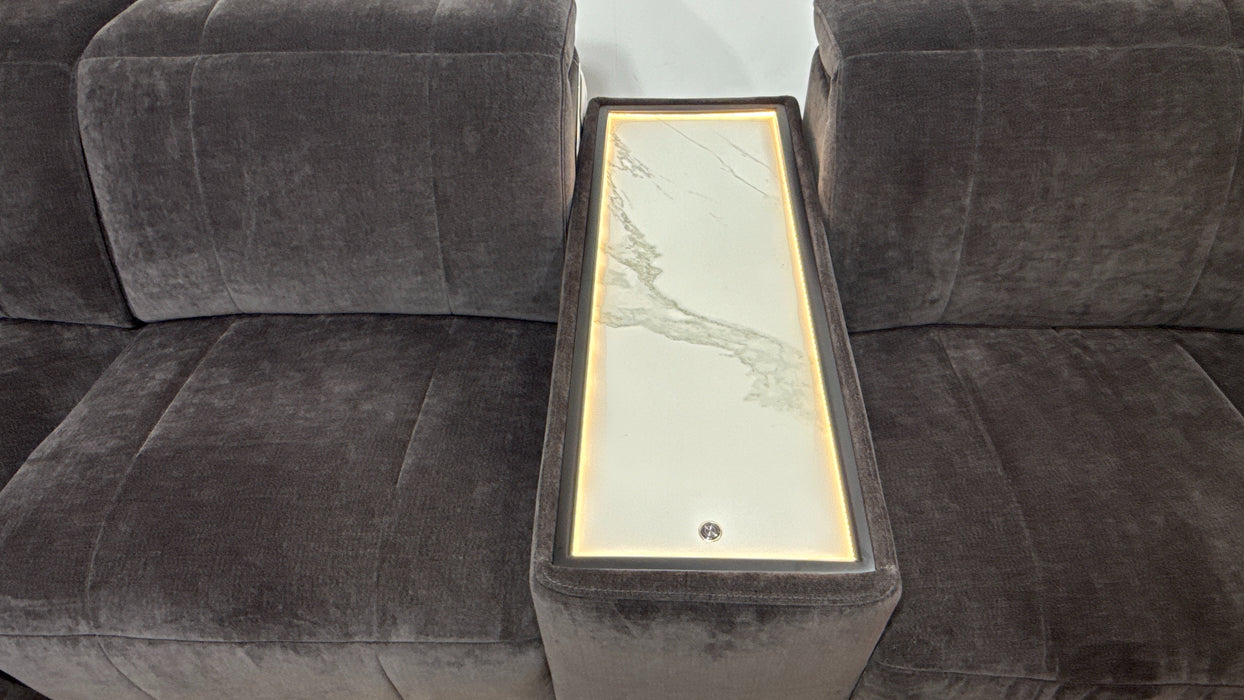 Sofology Lumiere Fabric 3 Corner 3 Console Power Recliner/Headrest Heated Seats in Relaxed Chenille Raisinric
