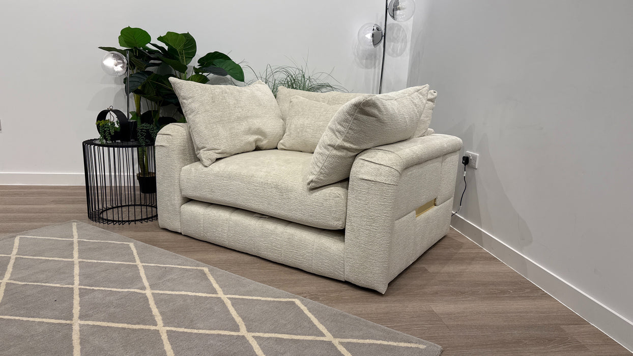 Sofology The Westwood Loveseat in Teddy Chenille Mist All Over with Gold Trim