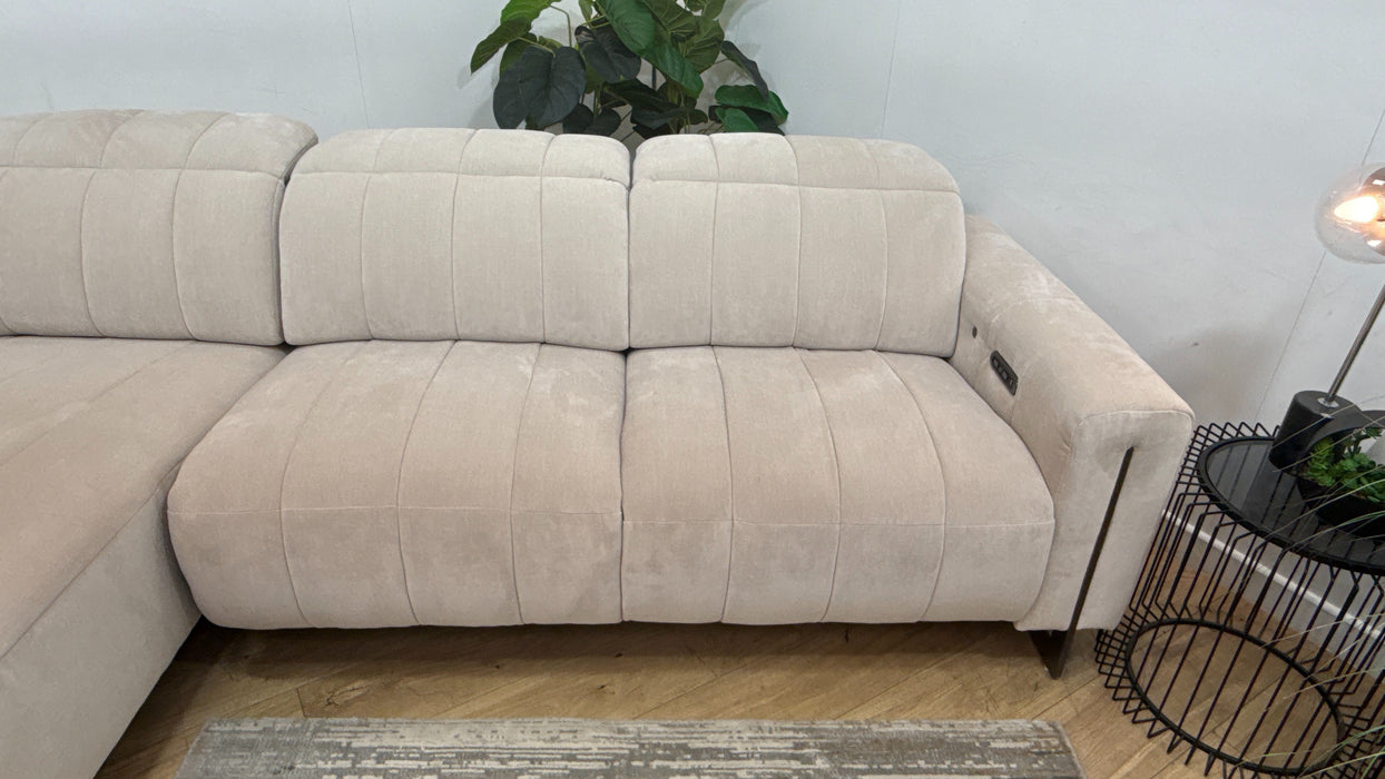 Sofology Paramount Fabric Chaise 4 Seater Power Recliner/Headrest Heated Seats in Relaxed Chenille Cotton