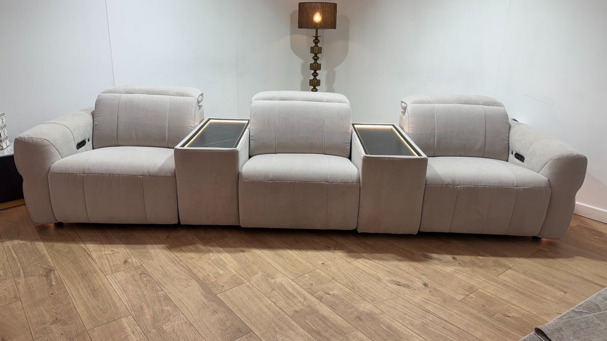 Sofology Lumiere Fabric 3 Seater Cinema Console Power Recliner/Headrest Gold Trim in Relaxed Chenille Cotton