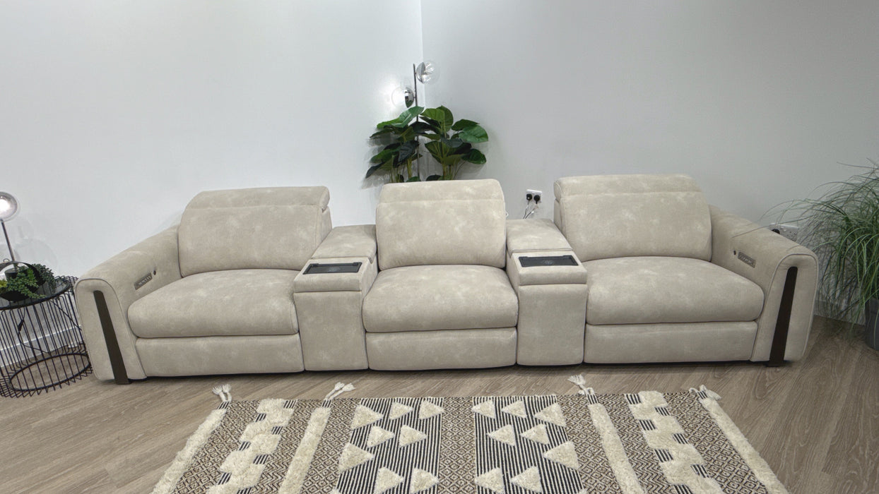 Sofology Kingsbridge 3 Seater Triple Power Recliner Cinema Sofa in Flecked Fabric Ivory