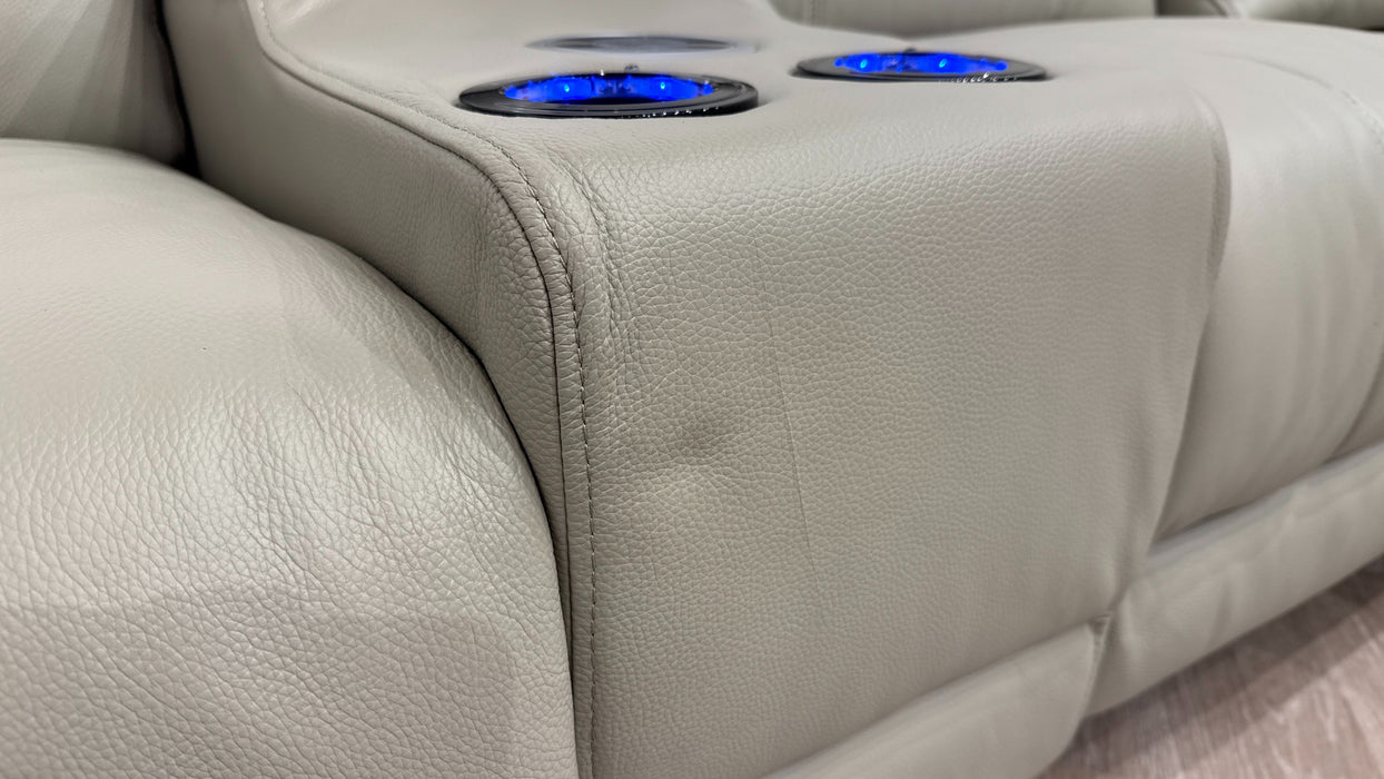 Sofology Allure Leather 3 Seater Power Recliner/Headrest Heated Seats Lumbar Support Speakers in Trusty Embossed Light Grey