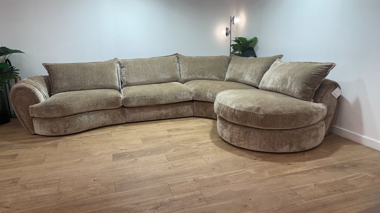 Sofology Lustre Fabric 3 Corner 1.5 Chaise Feather Flex Seats in Luxury Plush Chenille Fawn Mix