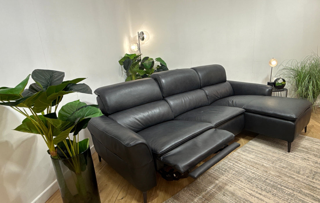 Sofology Viento Leather 3 Seater Chaise Power Recliner/Headrest Heated Seat Lumbar Support in Trusty Embossed Navy