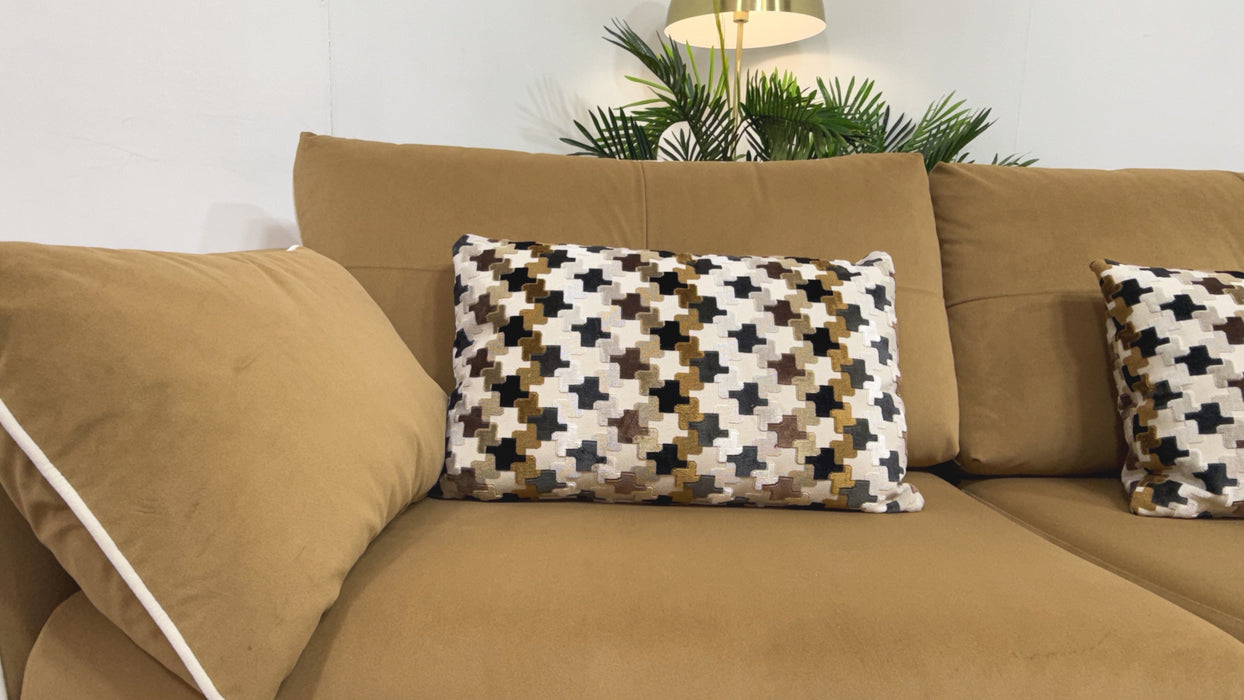 Sofology Remy Fabric 4 Seater in Super Matt Velvet Caramel Mix With Natural Contrast Piping