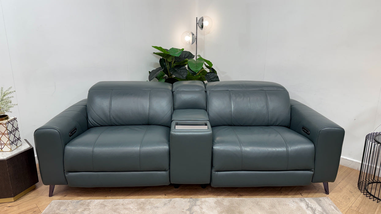 Sofology Allure Leather 2.5 Seater Screen Console Power Recliner/Headrest Heated Seats Lumbar Support Speakers in Trusty Embossed Peacock