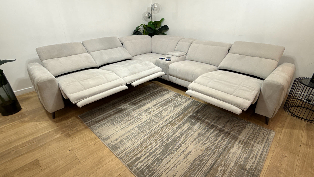 Sofology Allure Fabric 1.5 Smart Console Corner 3 Power Recliner/Headrest Heated Seats Lumbar Support in Relaxed Chenille Stone