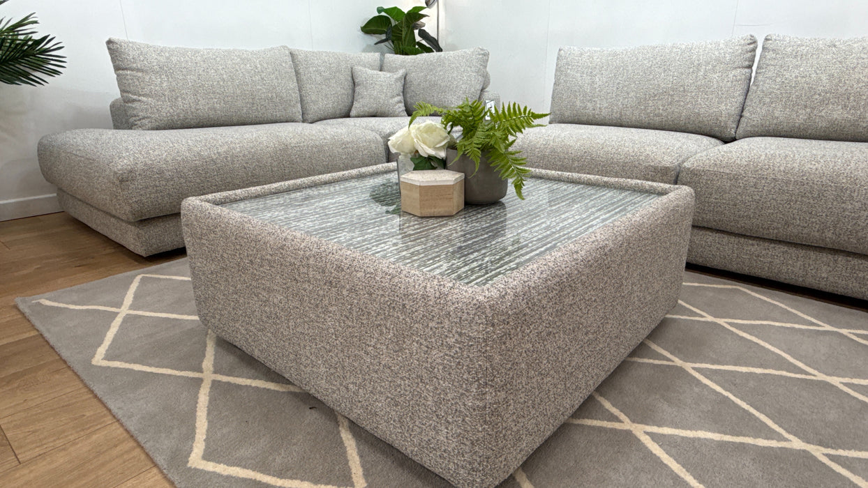 Sofology Amalfi Fabric Chaise 1 Corner Console 3 in Micro Flecked Boucle + Glass Table Pebble Mix