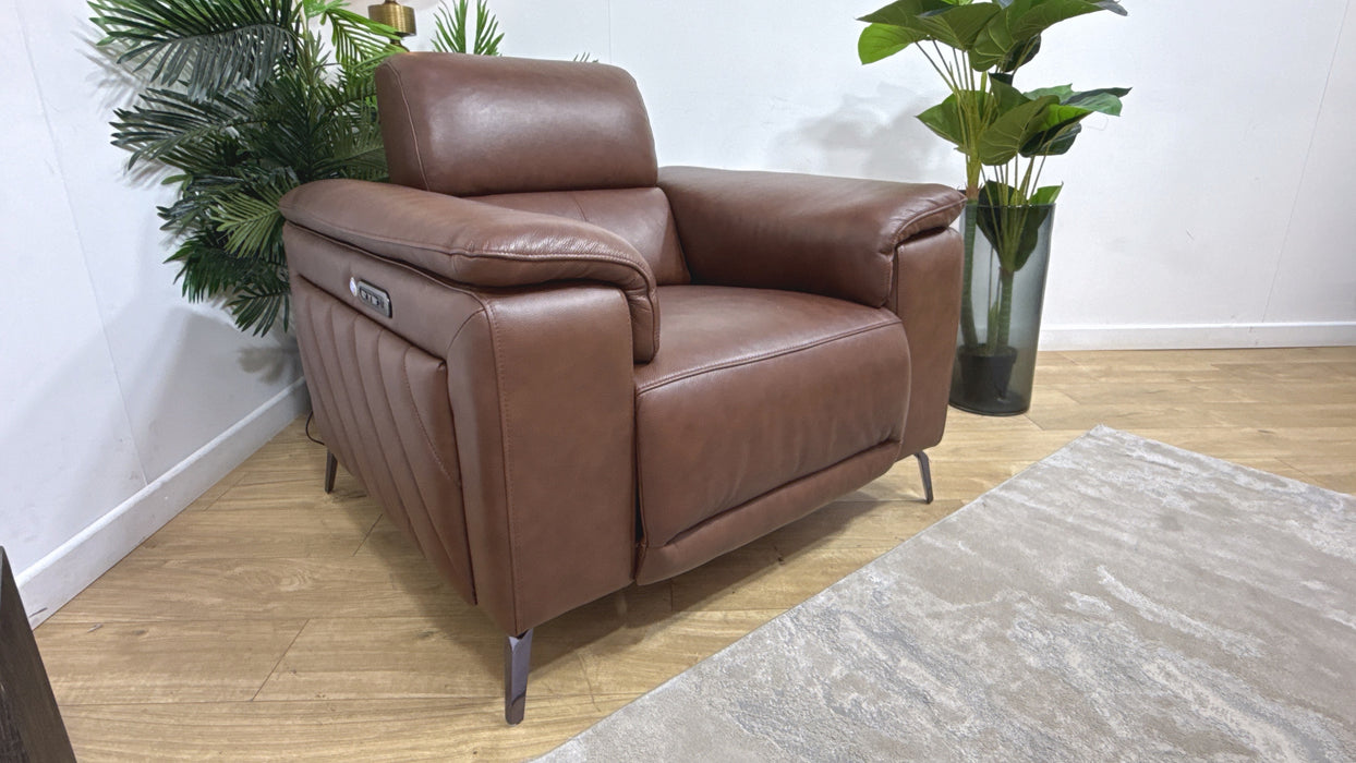Sofology Fratelli Leather Chair Power Recliner/Headrest in Trusty Embossed Chestnut
