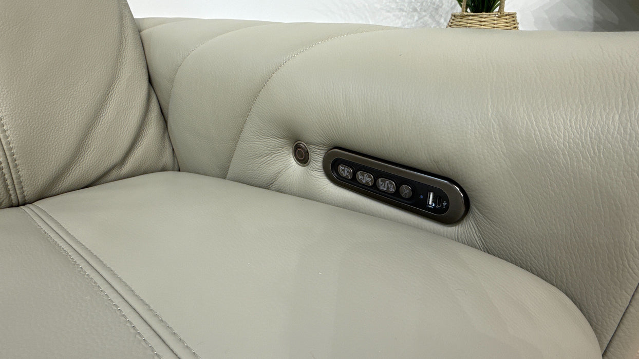 Sofology Allure Leather 3 Seater Power Recliner/Headrest Heated Seats Lumbar Support Speakers in Trusty Embossed Light Grey