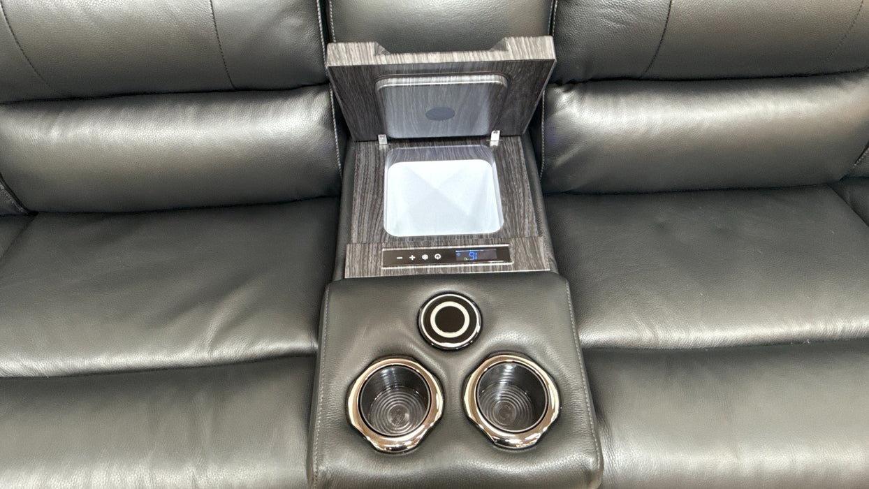 Sofology Cleveland 4 Seater Leather Power Recliner, Heated Seats, Lumbar + Console in Trusty Embossed Jet Black