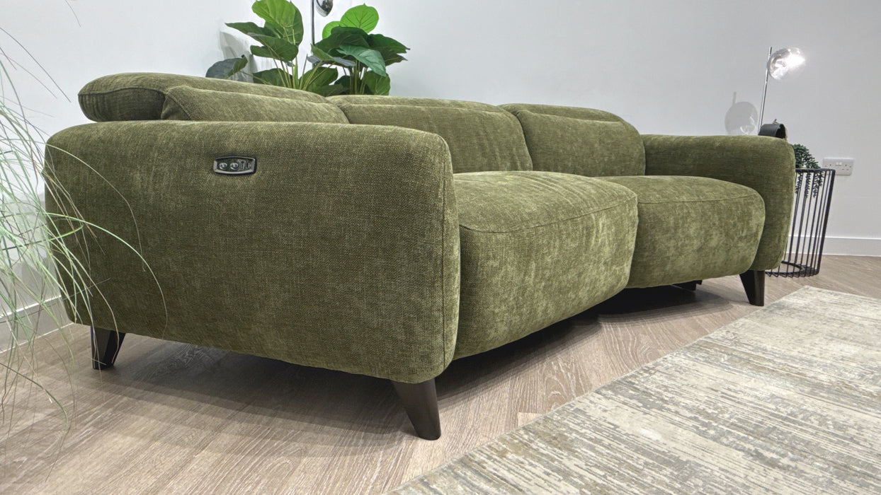 Sofology Larsen Fabric Asymmetrical 3 Seater Power Recliner/Headrest in Chunky Linen Look Chenille Olive