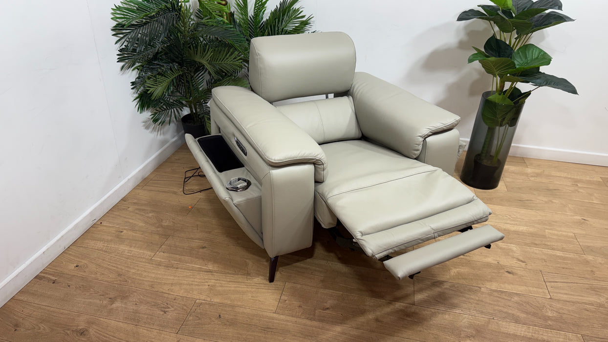 Sofology Fratelli Leather Chair Power Recliner/Headrest in Trusty Embossed Light Grey