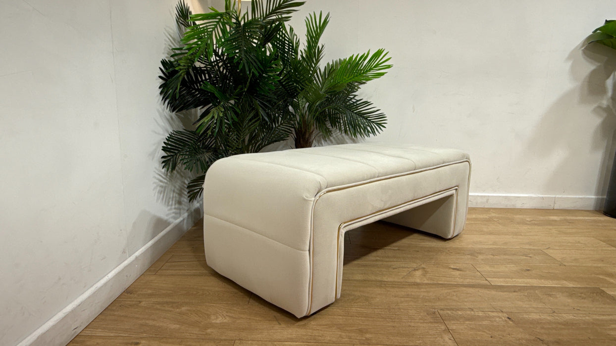 Sofology Oscar Fabric Small Bench Footstool Gold Trim in Super Matt Velvet Ecru