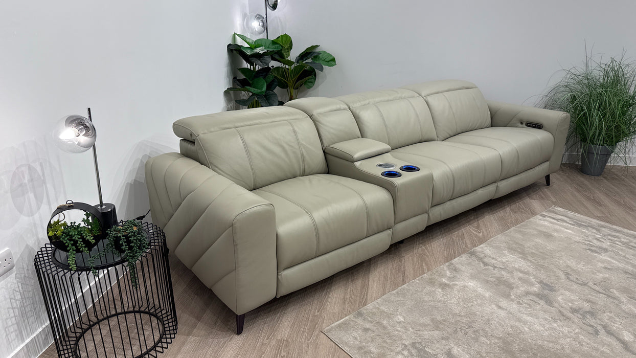 Sofology Allure Leather 3 Seater Power Recliner/Headrest Heated Seats Lumbar Support Speakers in Trusty Embossed Light Grey
