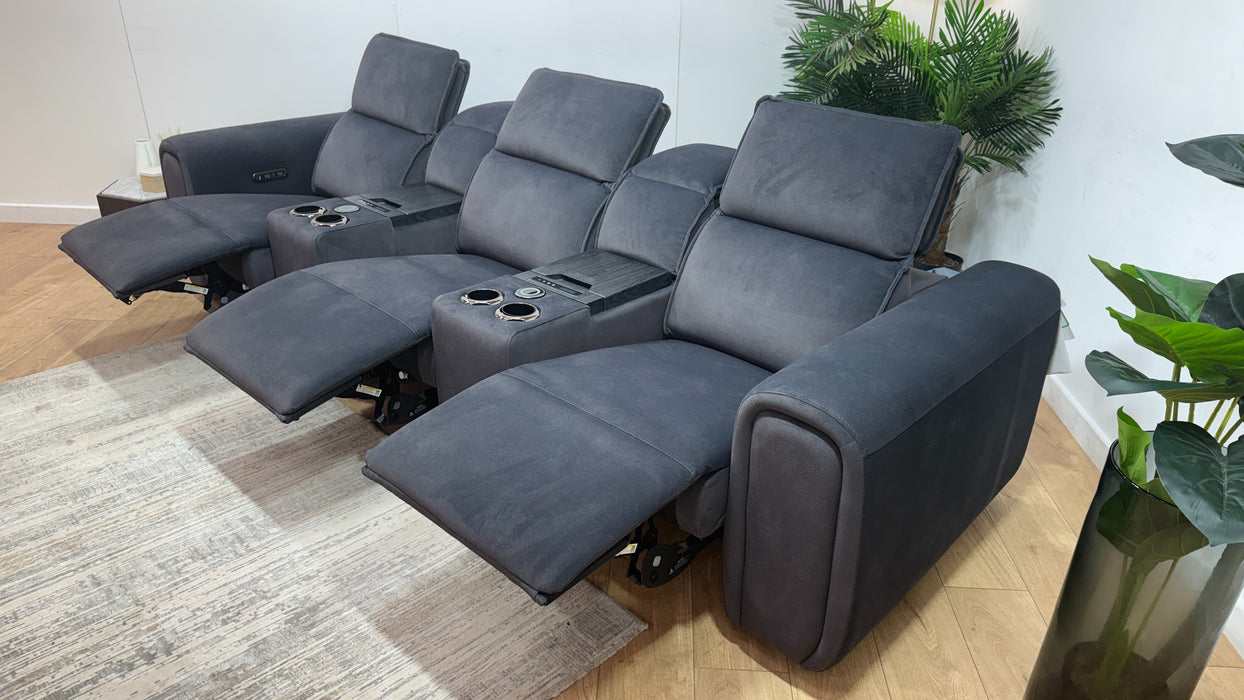 Sofology Premiere Fabric 3 Seater Compact Cinema Sofa Smart Consoles Power Recliner/Headrest x 3 in Lifestyle Flecked Anthracite