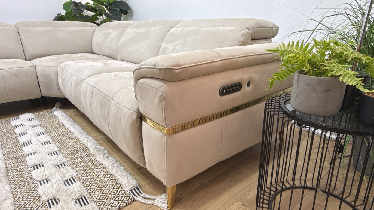 Sofology Milan Fabric 3 Corner 3 Power Recliner/Headrest Heated Seats Lumbar Support with Trim in Lifestyle Nubuck Feel Fabric Stone