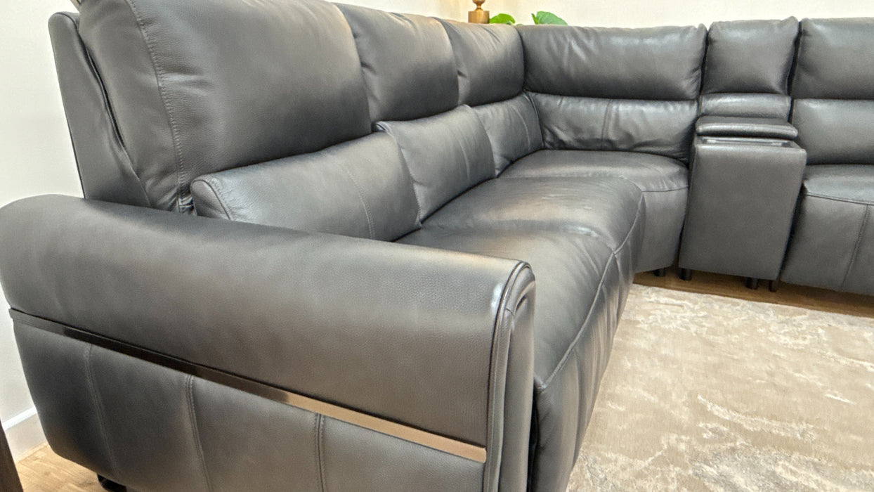 Sofology The Ravello Leather 2 Corner Console 1 Power Recliner/Headrest Heated Seat Lumbar Support in Trusty Embossed Navy