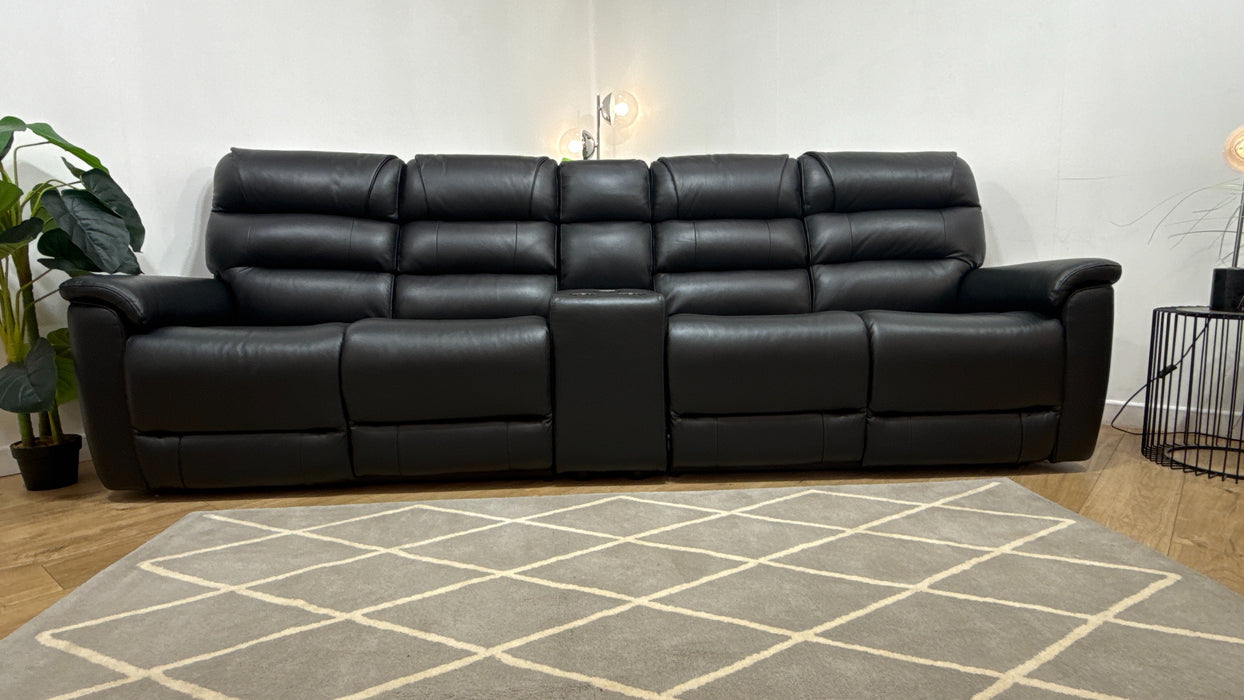 Sofology Cleveland 4 Seater Leather Power Recliner, Heated Seats, Lumbar + Console in Trusty Embossed Jet Black