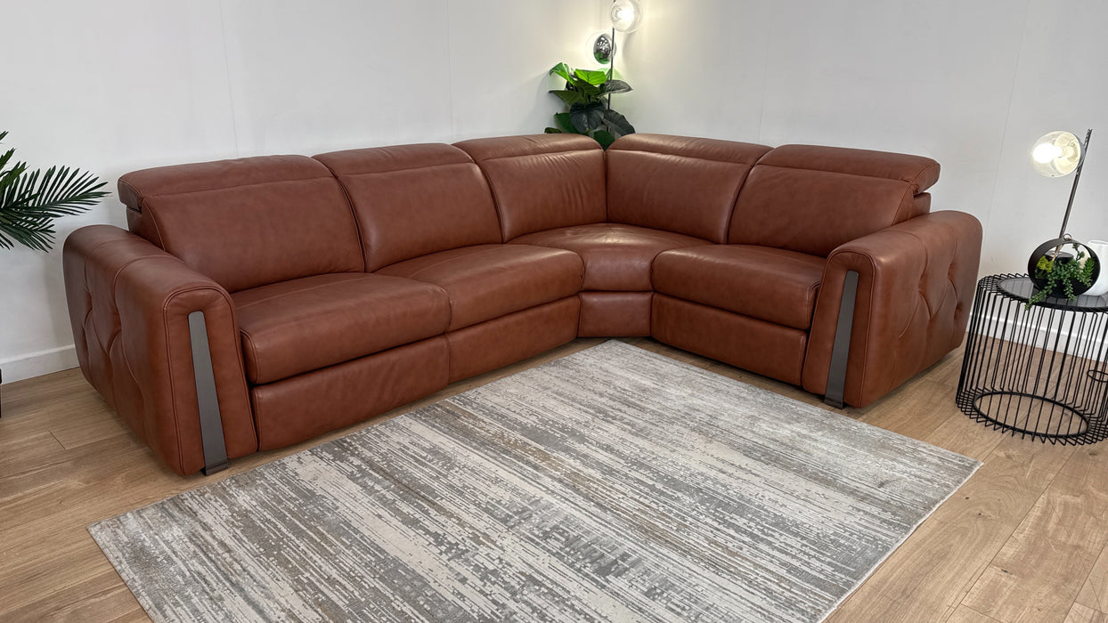 Sofology Kingsbridge Leather 3 Corner 1.5 Power Recliner/Headrest Heated Seat in Trusty Embossed Cognac