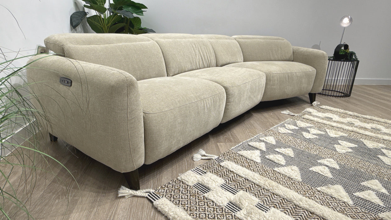 Sofology Larsen Fabric 4 Seater Asymmetrical Power Recliner/Headrest in Chunky Linen Look Chenille Pebble