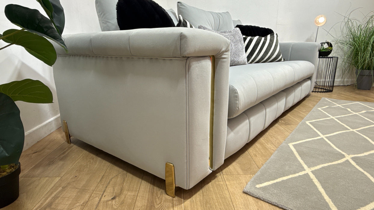 Sofology Oscar Fabric 4 Seater Split Gold Trim in Super Matt Velvet Silver Mix