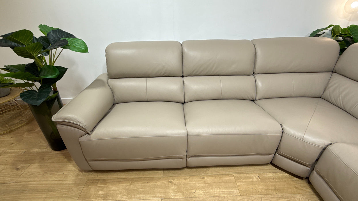 Sofology Hugo Leather 3 Corner Console 3 Power Chaise Power Recliner/Headrest in Trusty Embossed  Stone