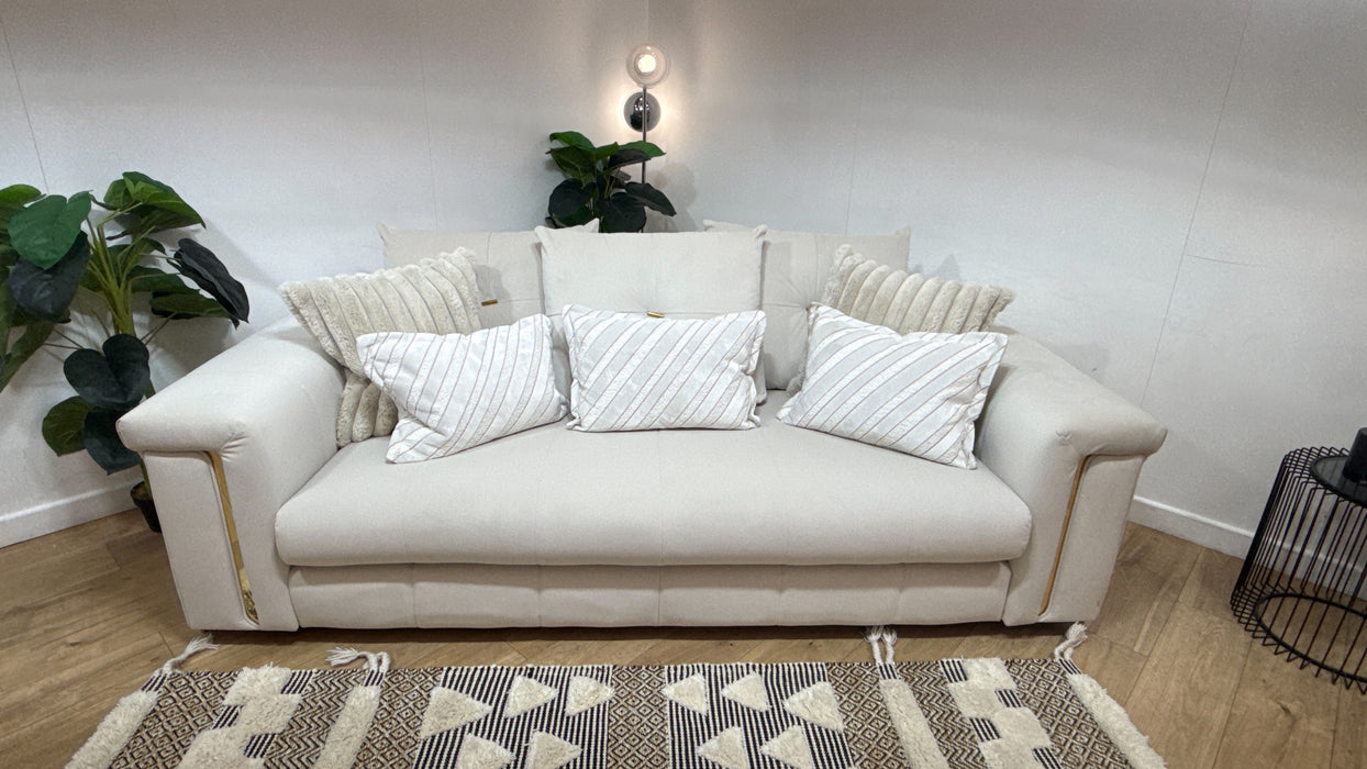 Sofology Oscar Fabric 3 Seater Gold Trim in Super Matt Velvet Ecru Mix