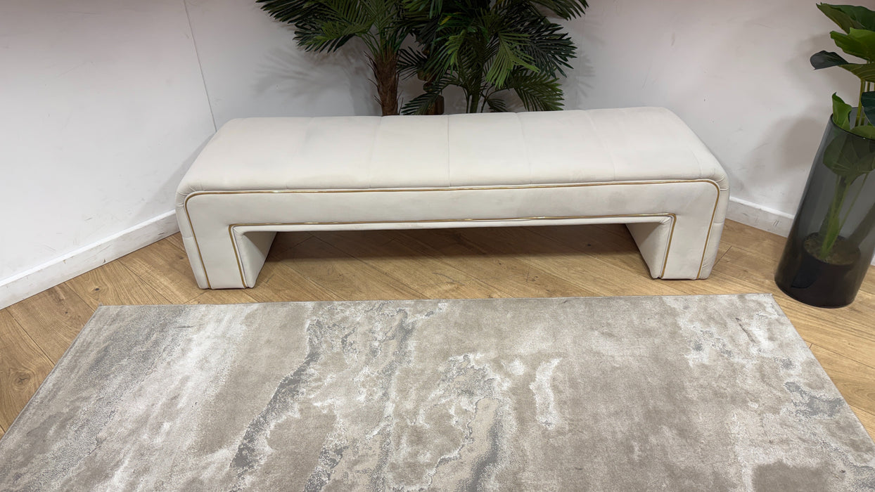 Sofology Oscar Fabric Large Bench Footstool Gold Trim in Super Matt Velvet Ecru