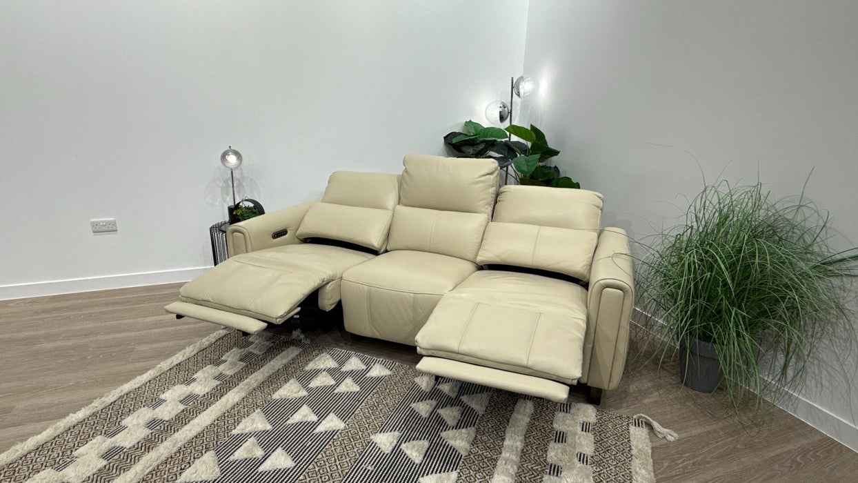 Sofology Ravello Leather 3 Seater Power Recliner/Headrest Lumbar Support in Trusty Embossed Bone China