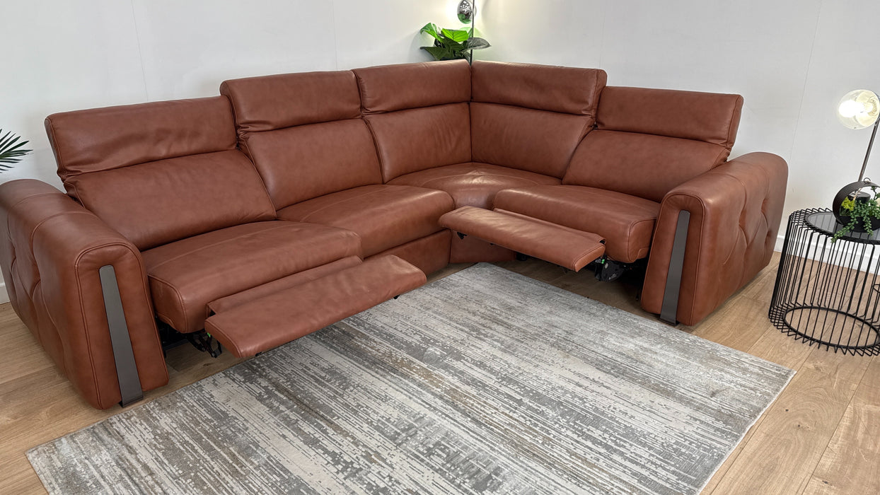 Sofology Kingsbridge Leather 3 Corner 1.5 Power Recliner/Headrest Heated Seat in Trusty Embossed Cognac