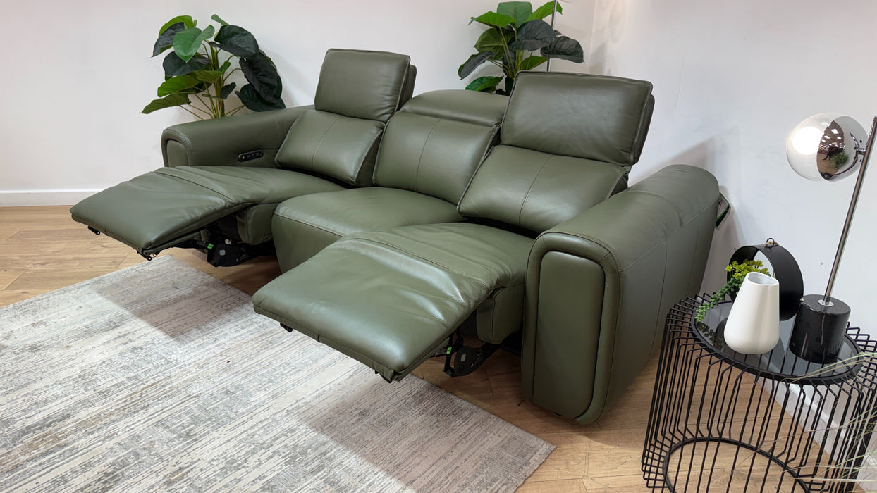 Sofology Premiere Leather 3 Seater Power Recliner/Headrest in Trusty Embossed Dark Olive