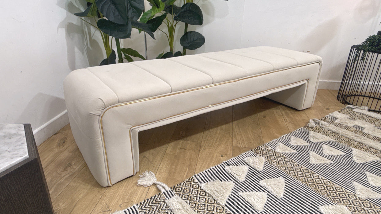 Sofology Oscar Fabric Large Bench Footstool Gold Trim in Super Matt Velvet Ecru