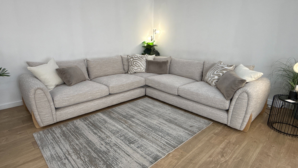 Sofology Marble Arch Fabric 3 Corner 1 Light Wood Trim in Chunky Flecked Boucle Stone/Ecru Mix