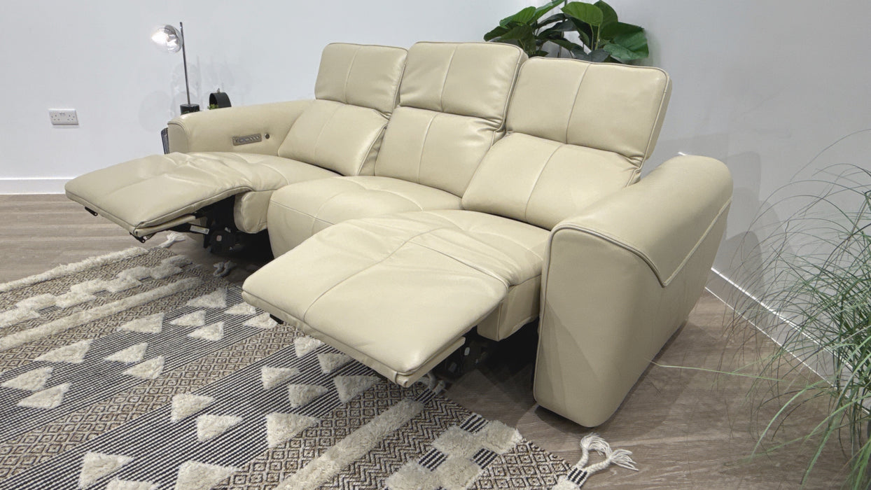 Sofology Riviera 3 Seater Leather Power Recliner + Power Headrest & Heated Seats in Trusty Embossed Bone China
