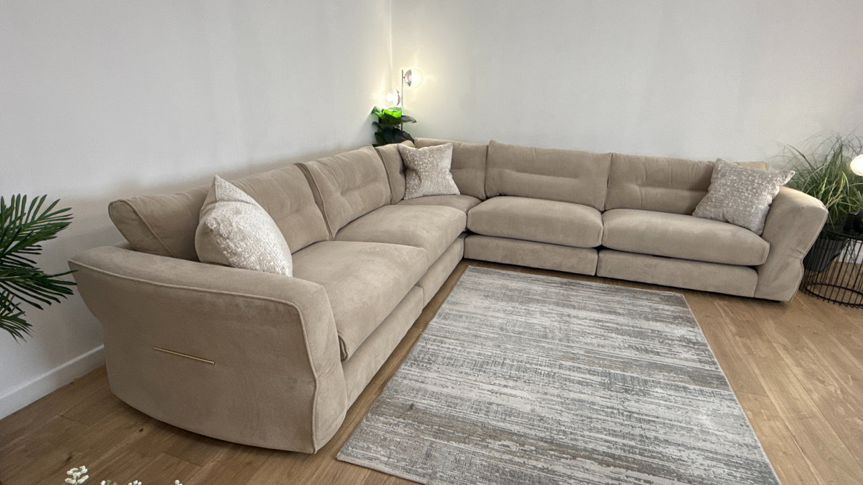 Sofology Reign Fabric 3 Corner 3 Gold Trim in Luxe Sherpa French Beige/Natural Mix