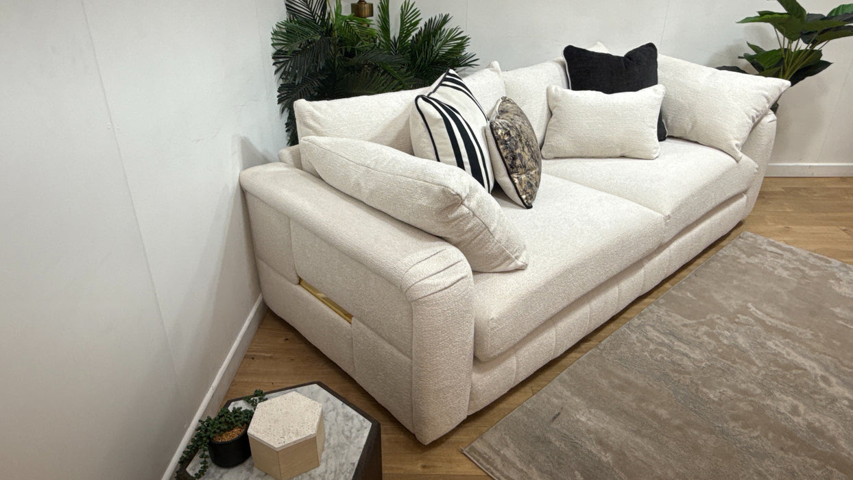 Sofology Westwood Fabric 4 Seater Gold Trim in Soft Boucle Ecru Mix