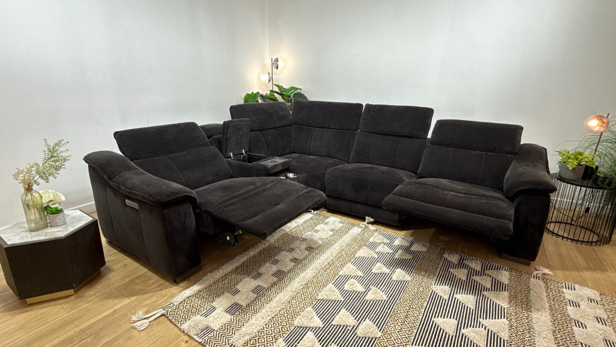 Sofology Carrera Fabric 1.5 Smart Console Corner 3 Power Recliner/Headrest in Relaxed Chenille Raisin