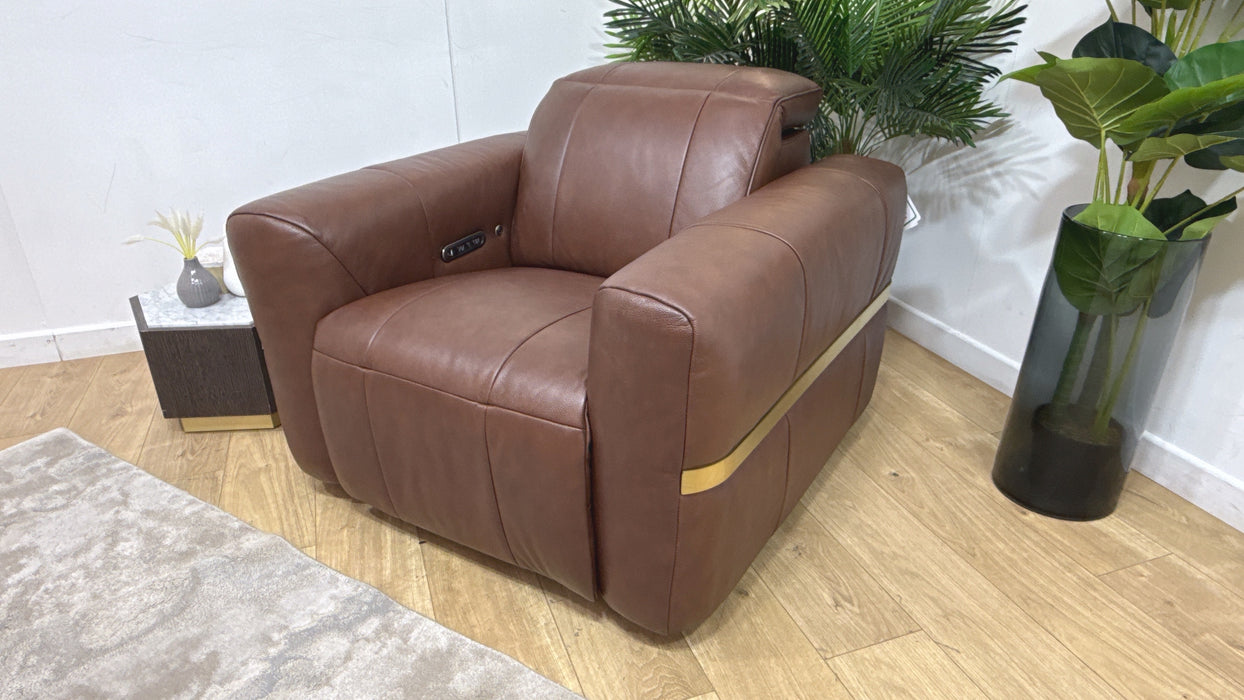 Sofology Lumiere Leather Chair Power Recliner/Headrest in Trusty Embossed Chestnut