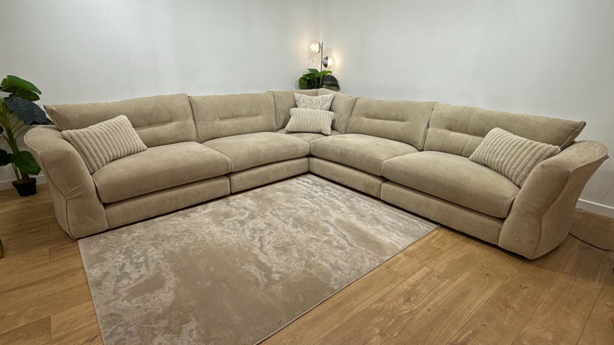Sofology Reign Fabric 3 Corner 3 Gold Trim in Luxe Sherpa French Beige/Natural Mix