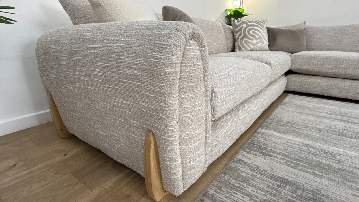 Sofology Marble Arch Fabric 3 Corner 1 Light Wood Trim in Chunky Flecked Boucle Stone/Ecru Mix